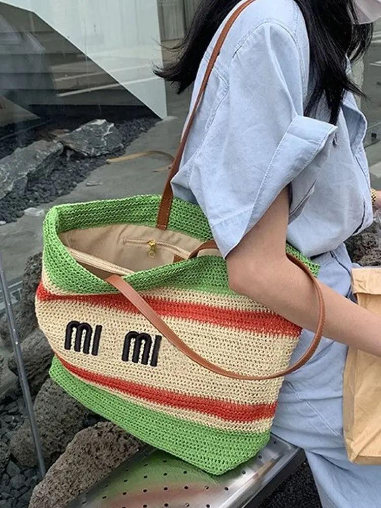 

2022 New Colorblock Striped Straw Embroidery Shopping Bag Women Casual Handbag Shoulder Bag Large Capacity Shopping Tote Bag