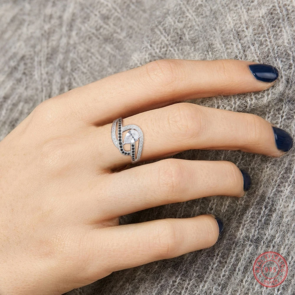 

CELAYI 925 Sterling Silver Ring For Women European and American New Fashion Diamond Black And White Zircon Geometric Silver Ring