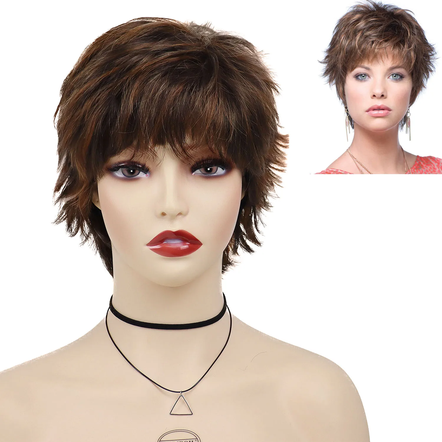

GNIMEGIL Synthetic Wigs Short Brown for Women Pixie Cuts Wig with Bangs Natural Hairstyle for Old Lady Daily Use Party Costume