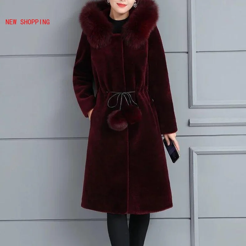 Luxurious Mid Length Faux Fur Coat Women Hooded Mink Cashmere Slim Fit Solid Long Sleeve Warm Single Breasted Noble Fur Coats