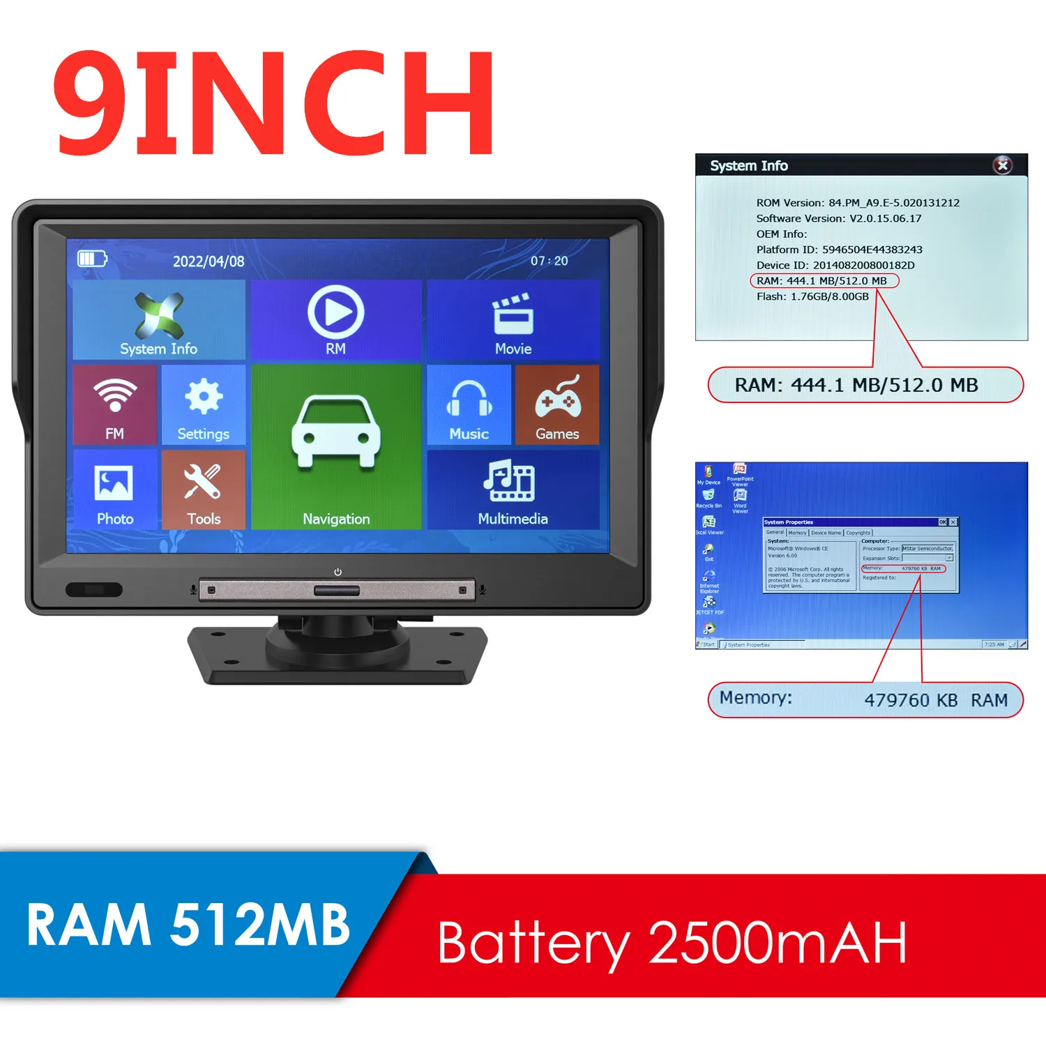 Автомобильная GPS-навигация 9 дюймов сенсорный экран 512 М + 8 Гб FM-радио голосовые