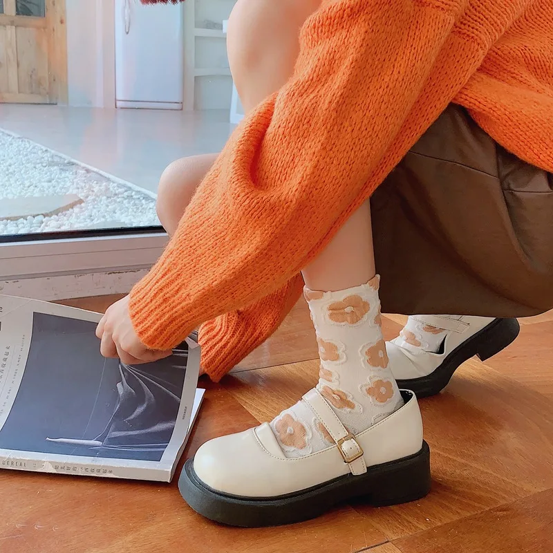 4 Pairs/Lot Orange Sweet Retro Women Socks Floral Pattern Fashion Cute Socks High Quality Cozy Breathable Female Cotton Socks