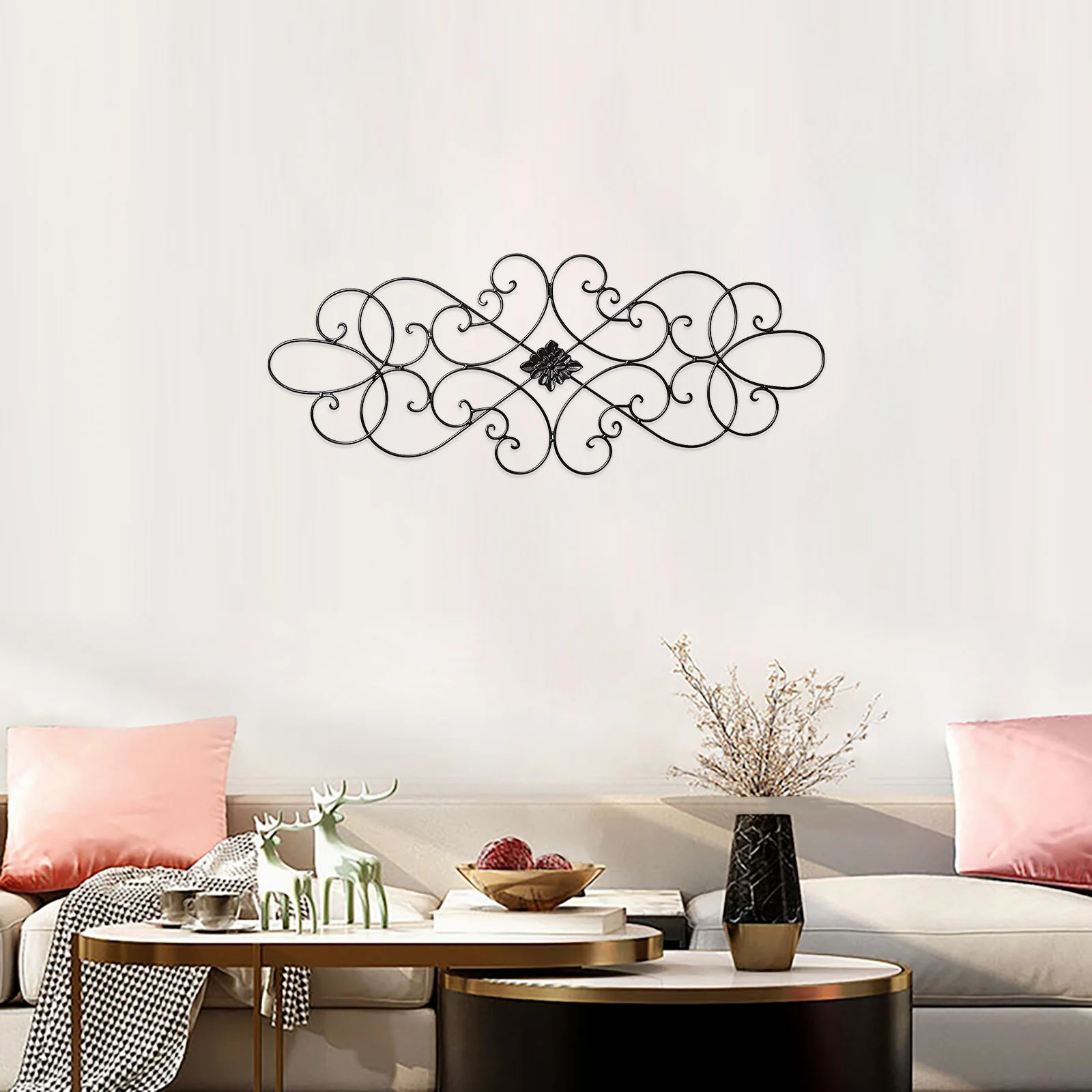 

Black Scrolled Flower Metal Wall Decor Art Oblong Living Room Home Decoration