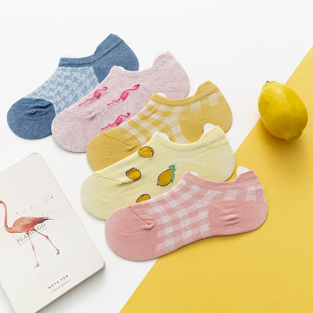 New 5 Pairs/lot Spring Women Cotton Socks Set Cute Cartoon Animal Fruit Casual Girls Short Sock Slippers Harajuku Size 34-40
