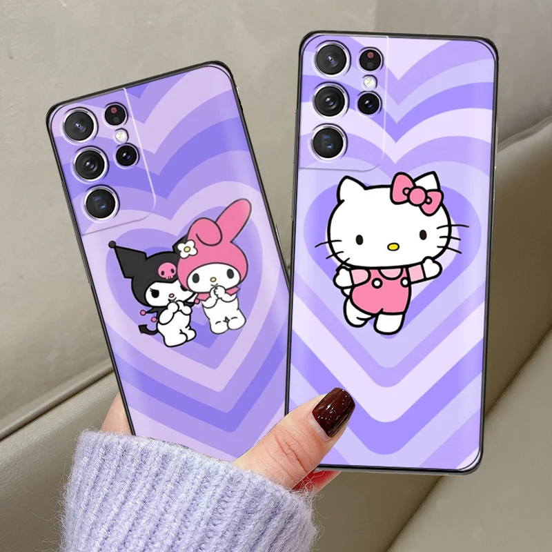 

Japan Holle Kitty Phone Case For Samsung Galaxy S22 S21 S20 Ultra FE 5G S22 S10 10E S9 Plus Carcasa Black Liquid Silicon Coque