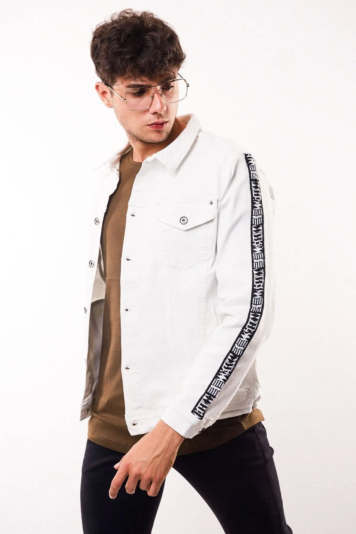 

Женская модная джинсовая куртка пальто с отделкой в полоску мужская белая джинсовая куртка