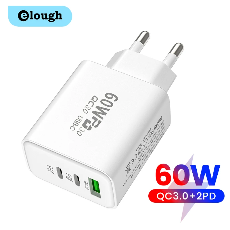 

Elough 60W USB Charger 3Ports PD Type C Quick Charge 3.0 Mobile Phone Adapter For iPhone 14 13 Samsung Xiaomi Poco f3 EU/US Plug