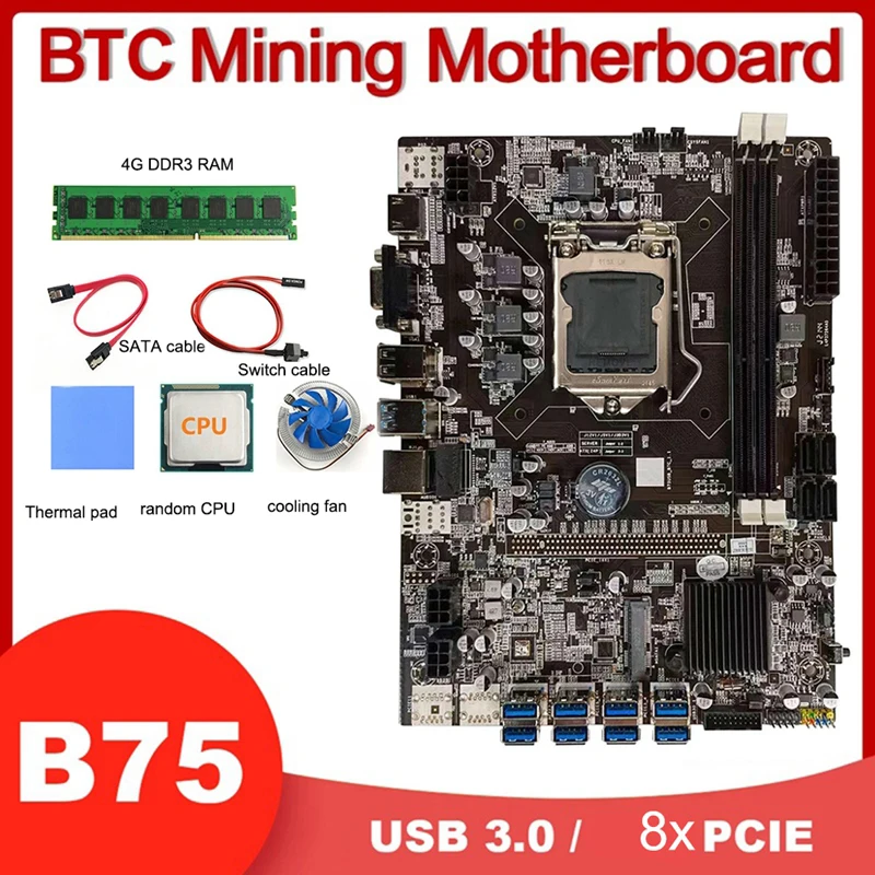

Материнская плата B75 USB ETH Miner + ЦП + 4G DDR3 ОЗУ + вентилятор ЦП + термоподушка + линия переключения + кабель SATA 8USB3.0 LGA1155 слот DDR3 MSATA