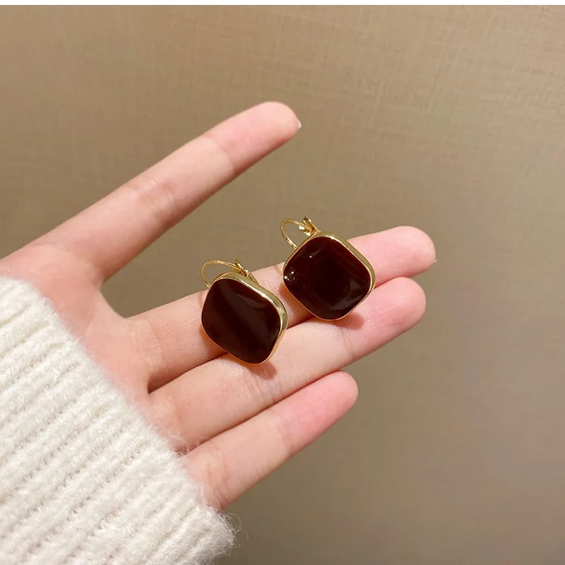 Wine Red Geometric Square Stud Earrings for Women Dripping Oil Cute Korean Metal Wedding Fashion Jewelry Wholesale Gift |