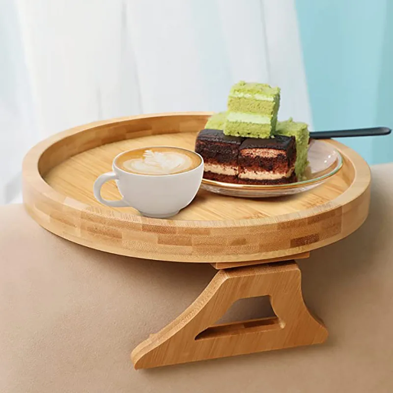

Side Table Natural Bamboo Sofa Armrest Clip-On Tray, Round Couch Tray for Remote - Phone - Drinks - Snacks Holder Small Tray