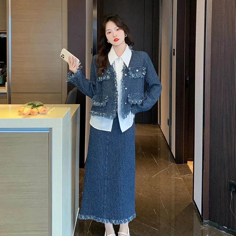 

Korean Women Spring Autumn Blue Jacket White Shirts Skirts Matching Sets Lady Graceful Slim Coat Zipper Blouse A-Line Skirt Suit