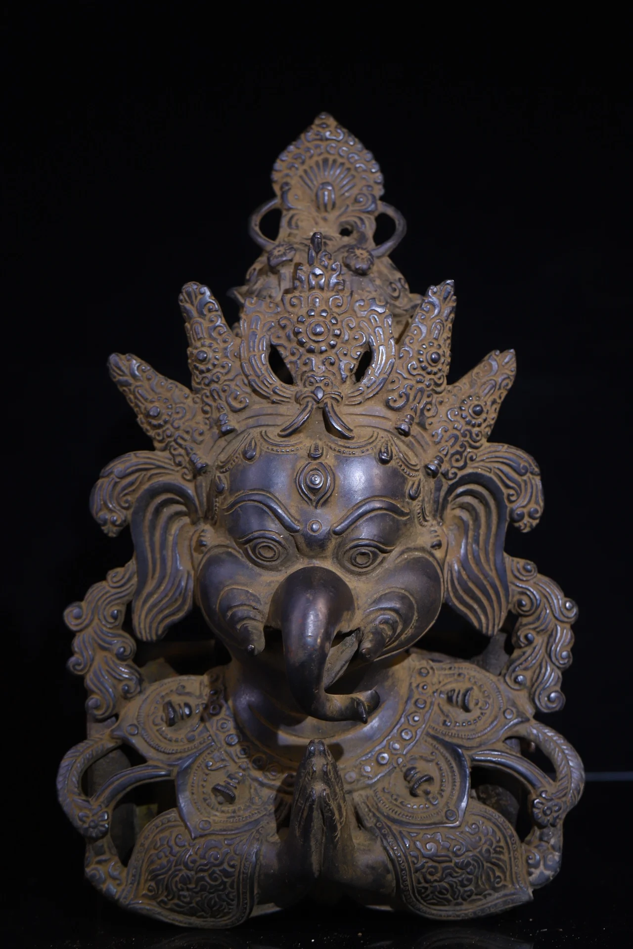 

13"Tibet Temple Collection Old Bronze Buddha Ganesha Elephant Trunked God of Wealth Buddha Head Mask Amulet Wall hanging