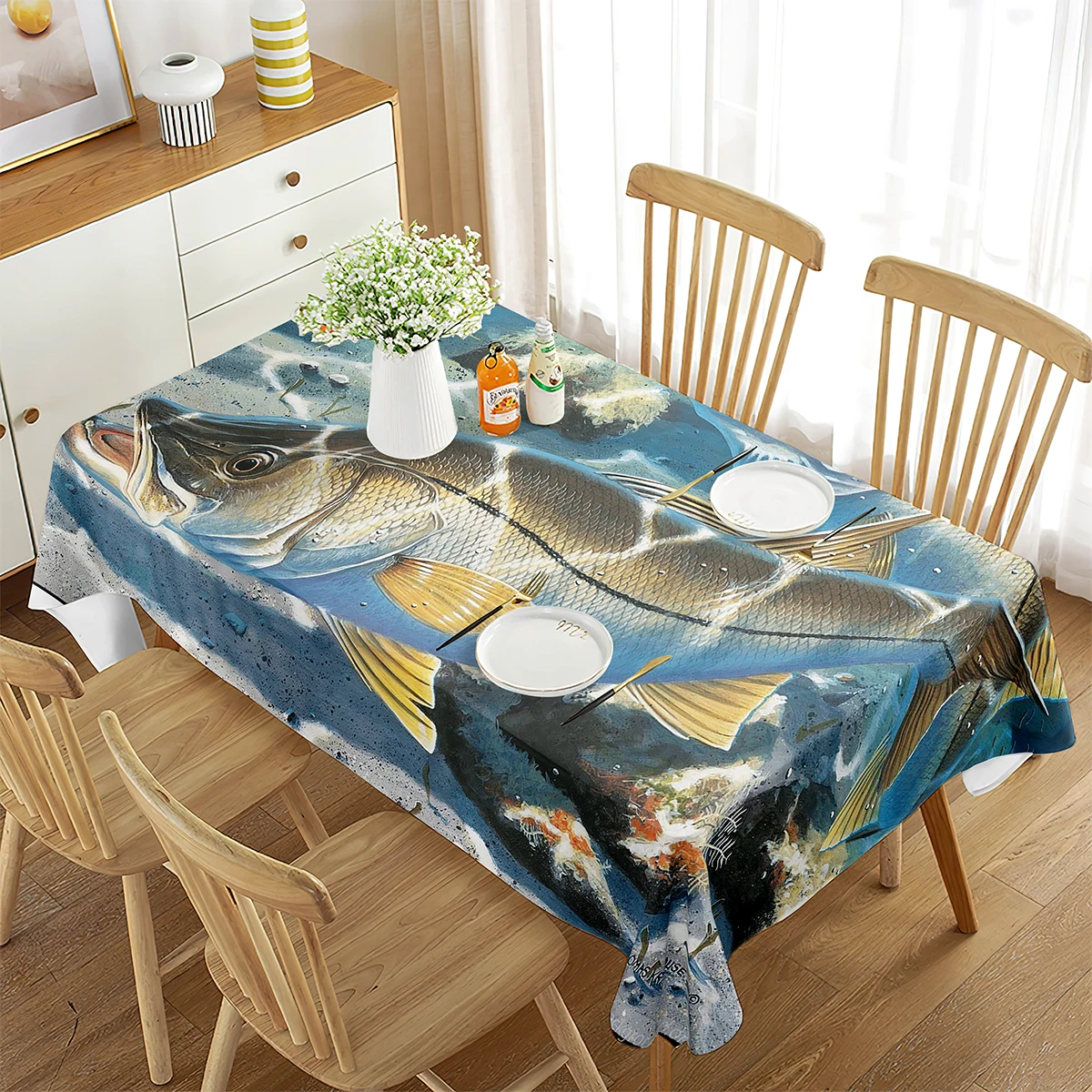 

Fish Outdoor Tablecloth, Watercolor Fish Paint with Vivid and Splashes Nautical Concept, Decorative Washable Picnic Table Cloth
