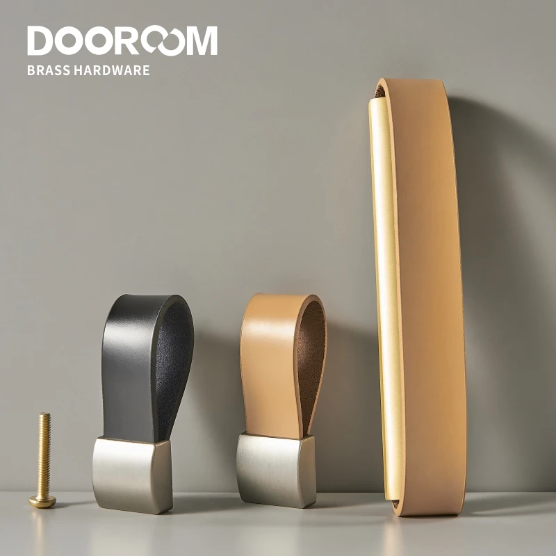 Dooroom Brass Leather Furniture Handles Modern Fashion Cupboard Wardrobe Dresser Shoe Box Drawer Cabinet Knobs Pulls