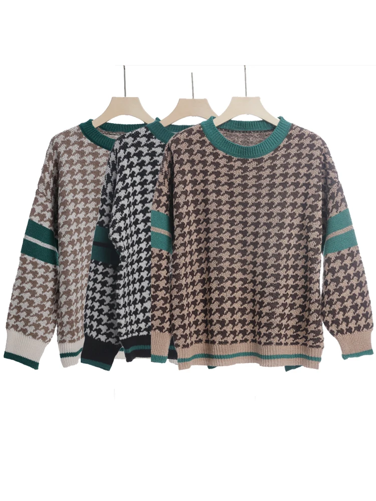 

New O-Neck Contrast Collar Women Black Houndstooth Pullover 2022 Long Sleeve Sweater Autumn Knitted Loose Sized Jumper Casual
