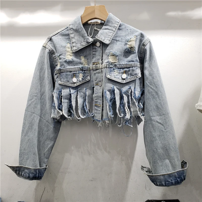 

Spring Vintage Holes Hem Frayed Tassels Denim Jacket Women Slim Extra Short Cowboy Outerwear Korean Casual Jeans Jacket Female