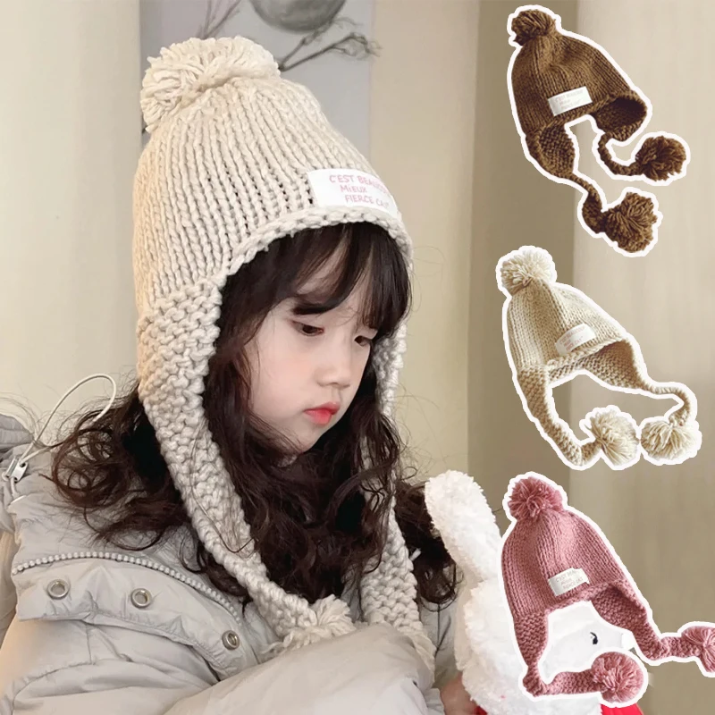 

Winter Knitted Hat for Kids Girl Warm Ear Protection Cap with Pompoms Korean Design Fashion Crochet Striped Hat Children 2-6 Y