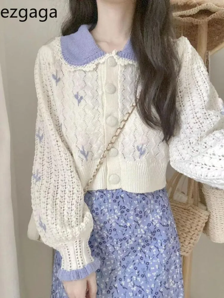 e przycięty sweter Ezgaga damski kwiaty Flare z długim rękawem znosić kołnierzyk Piotruś Pan słodki elegancki dziergany bluzki damskie
