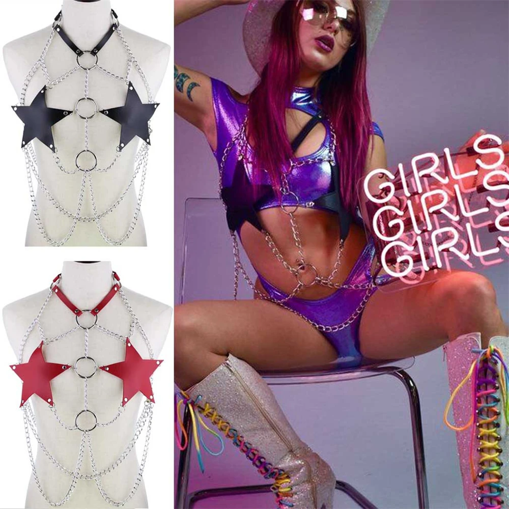 

Сексуальное бикини в стиле панк из искусственной кожи цепочка с пентаграммой слинг на лямках нагрудный ремень готические цепочки для тела ...