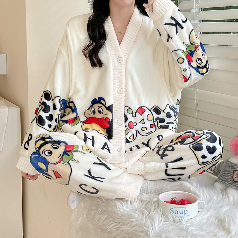 2Pcs Top Pants Suit Pyjamas Winter Flannel Warm Cardigan Cartoon Pajamas Set Women Girl Home Clothes Fleece Thicken Sleepwear