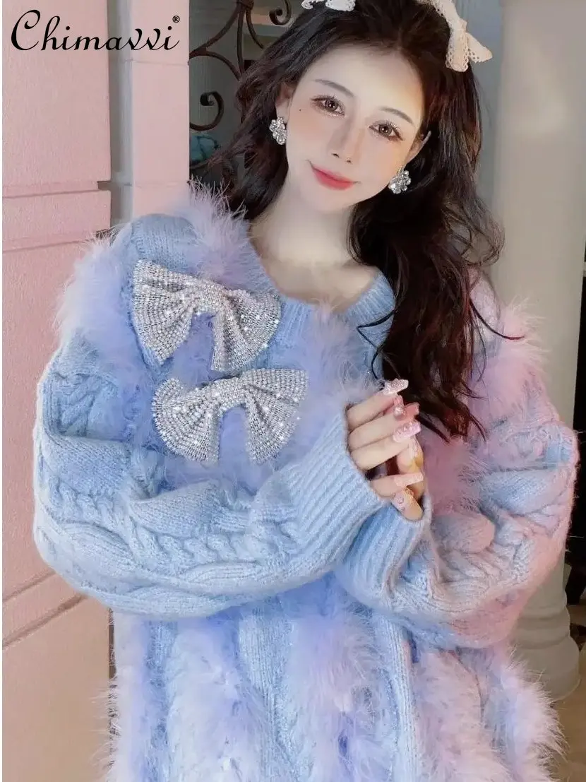 

Winter New Fashion Sweet Pullover Sweater Women's Oversized Loose Slimming Heavy Industry Bowknot Knitted Top Outer Wear