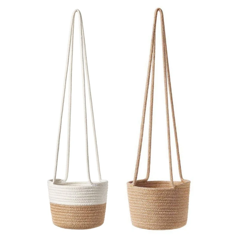 

2022 New Handwoven Hanging Planter Plant Basket with Jute Cotton Cord Indoor Flower Pot Macrame Storage Organizer