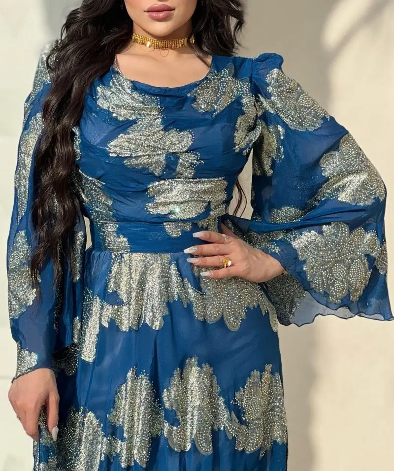 PLEINDI Bohemian Evening Dresses O-Neck Long Sleeves A-LINE Floor-Length Chiffon 2022 New of Embroidery Boho Prom Women Dress