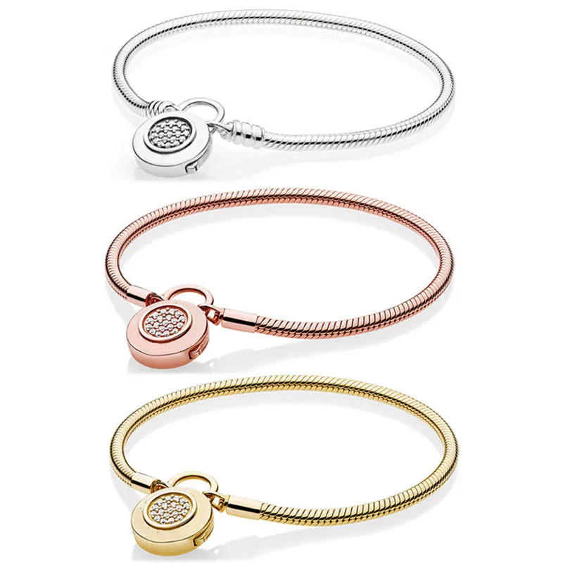 

Authentic 925 Sterling Silver Moments Rose Gold Color Logo Signature Bracelet Bangle Fit Bead Charm Diy Pandora Jewelry