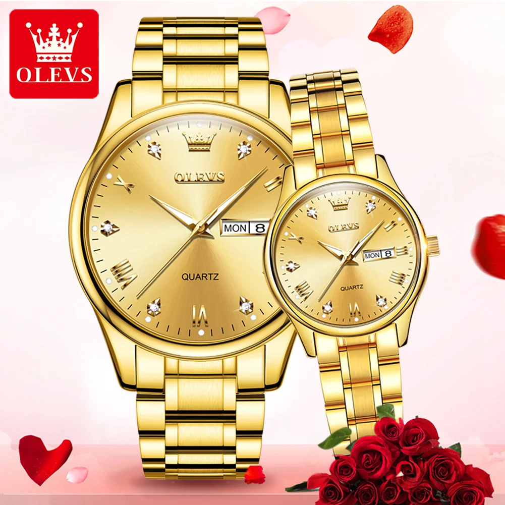 

OLEVS Golden Couple Watches for Lovers Pair Men and Women,30M Waterproof Diamond Roman Dial Luminous Hands Calendar Week Display