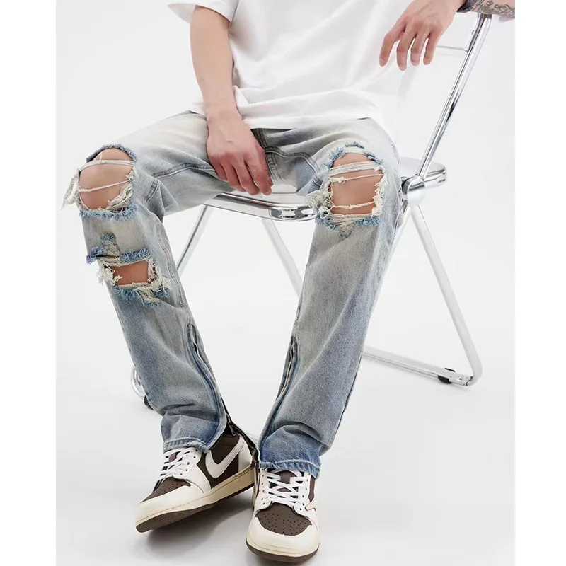 Men's and Women Same Style Trousers Four Seasons Trend Ripped Blue Stitching Denim Straight Luxury Jeans Streetwear Ins Hot Sale