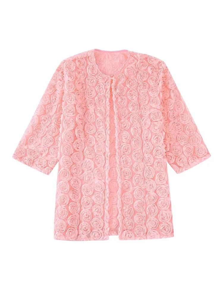 

Women 2022 New Fashion Flower Texture Knitting Overcoat Coat Vintage Female Outerwear Chic Overshirt