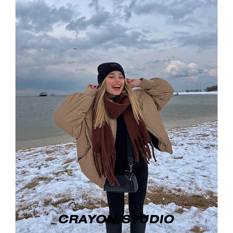 Women Down Coat American Khaki Zipper Cotton Shirt Women's Commuter Long Sleeve Stand Collar Solid Winter Slim Coat