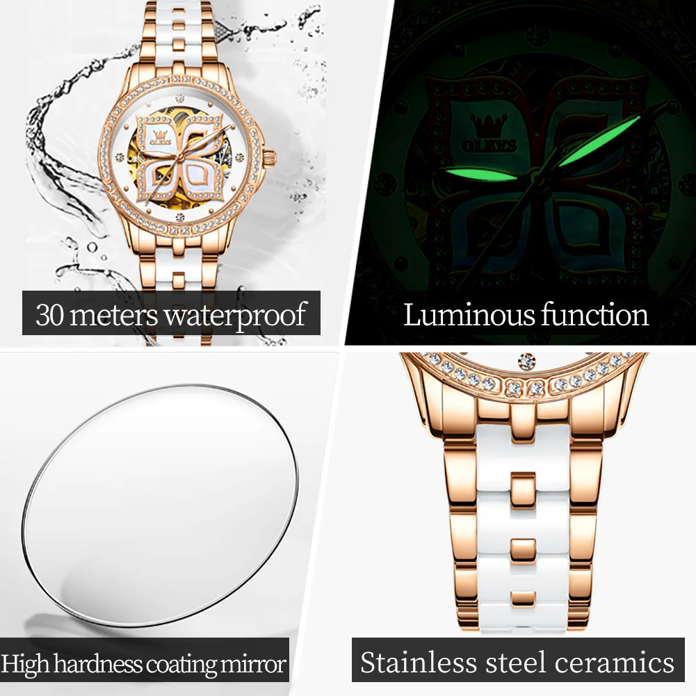 OLEVS Watches for Women Diamond Ceramics Strap Waterproof Automatic Mechanical Watch Fashion Four Leaf Clover Ladies' Wristwatch enlarge