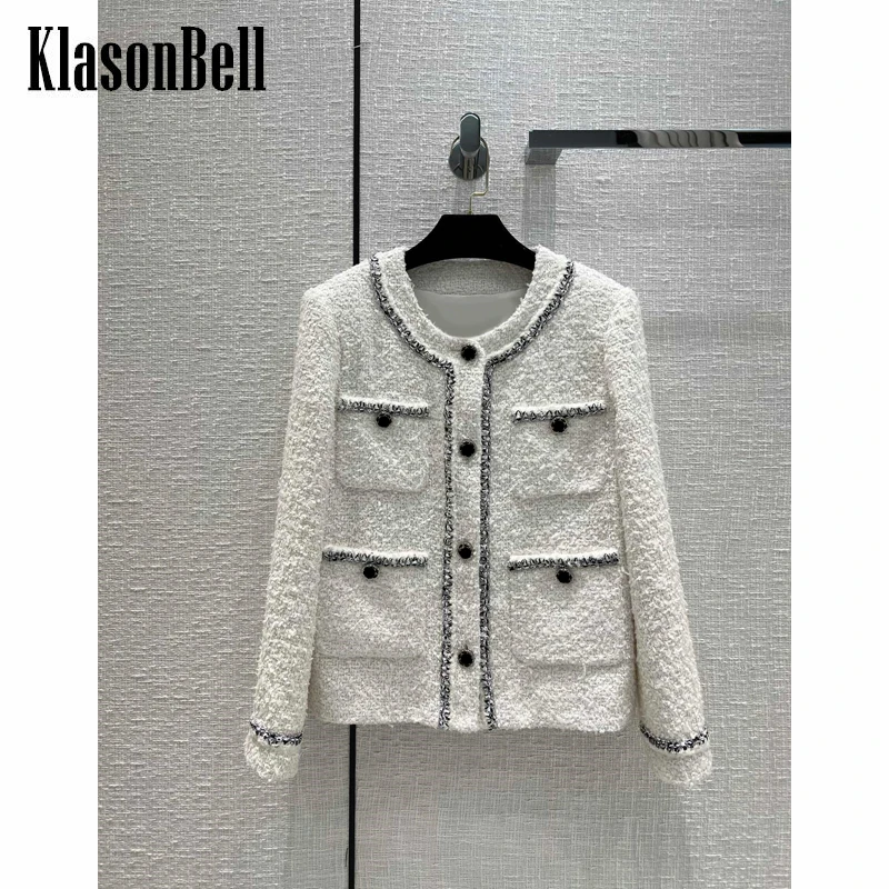 

10.10 KlasonBell Vintage Elegant Round Neck Rhinestone Button Tweed Jacket Women