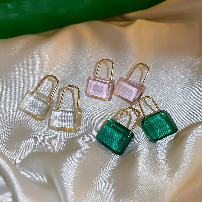 

Small Lock Design Transparent Green Pink Crystal Drop Earrings For Women Fashion Jewelry Temperament Oorbellen Voor Vrouwen