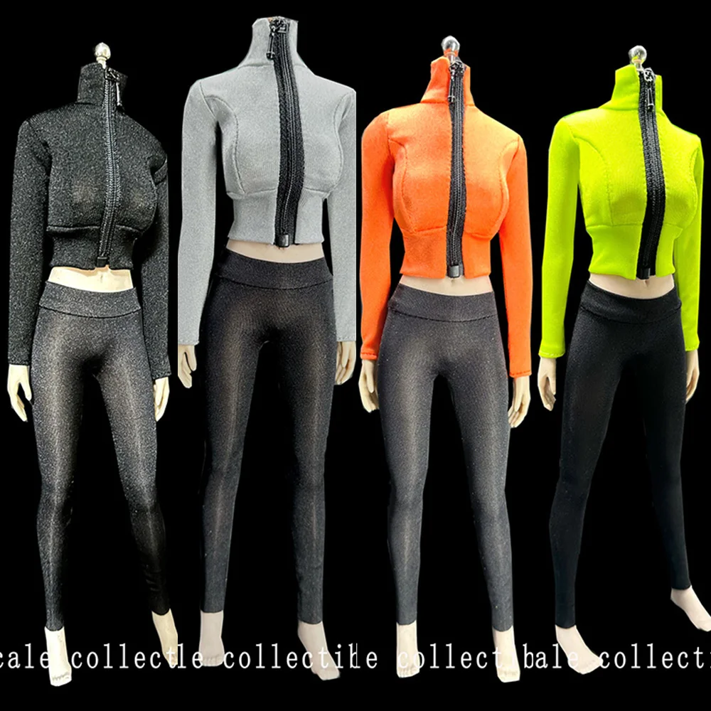 

4 Colors CJG-049 1/6 Female Soldier Clothing Slim Elastic Short Tops zipper Jacket Black Yoga Leggings Fit 12'' Action Figure