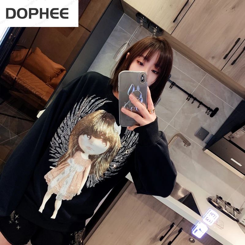 2022 New Spring Autumn Women Clothes Couple's Sweatshirt Hot Drilling Girls Wings O-neck Streetwear Hoodie Top Trendy Harajuku