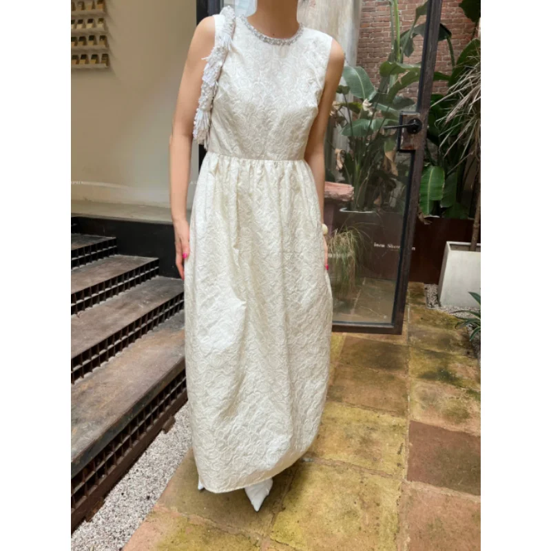 

French Small Fragrance Round Neck Beaded Jacquard Evening Dresses Women Fluffy A Waist Elegant Party White Vest Long Dress 1324