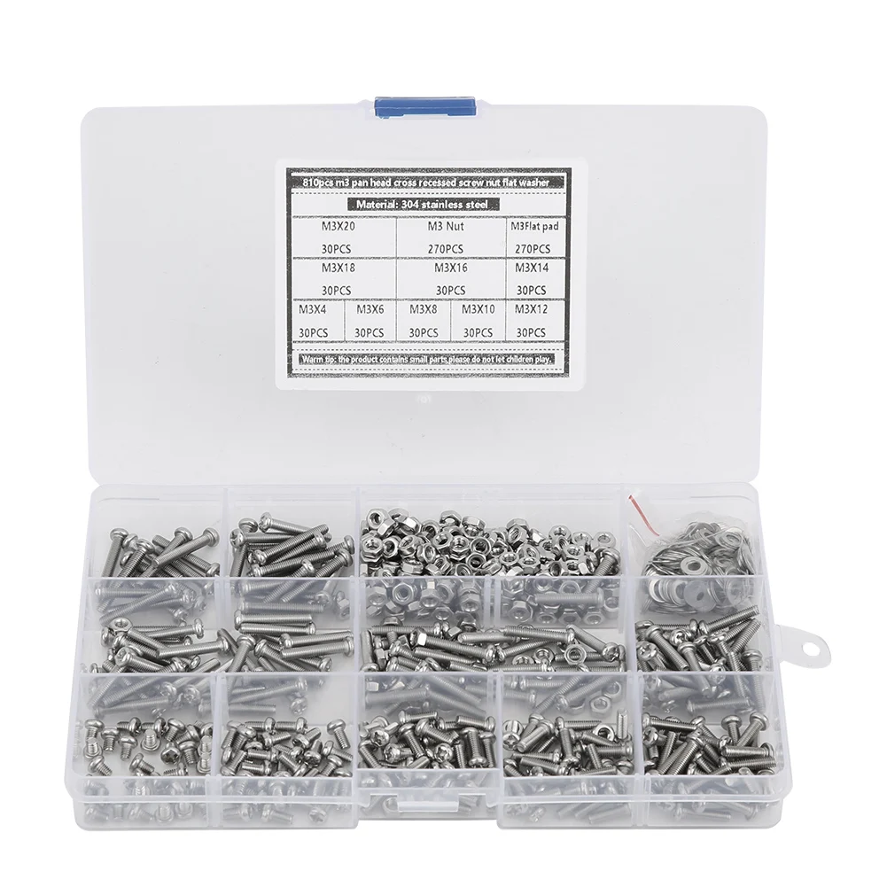 

810pcs 304 Stainless Steel M3 Round Head Screw Nut Gasket Assortment Set Kit 810pcs 810pcs 810pcs 810pcs