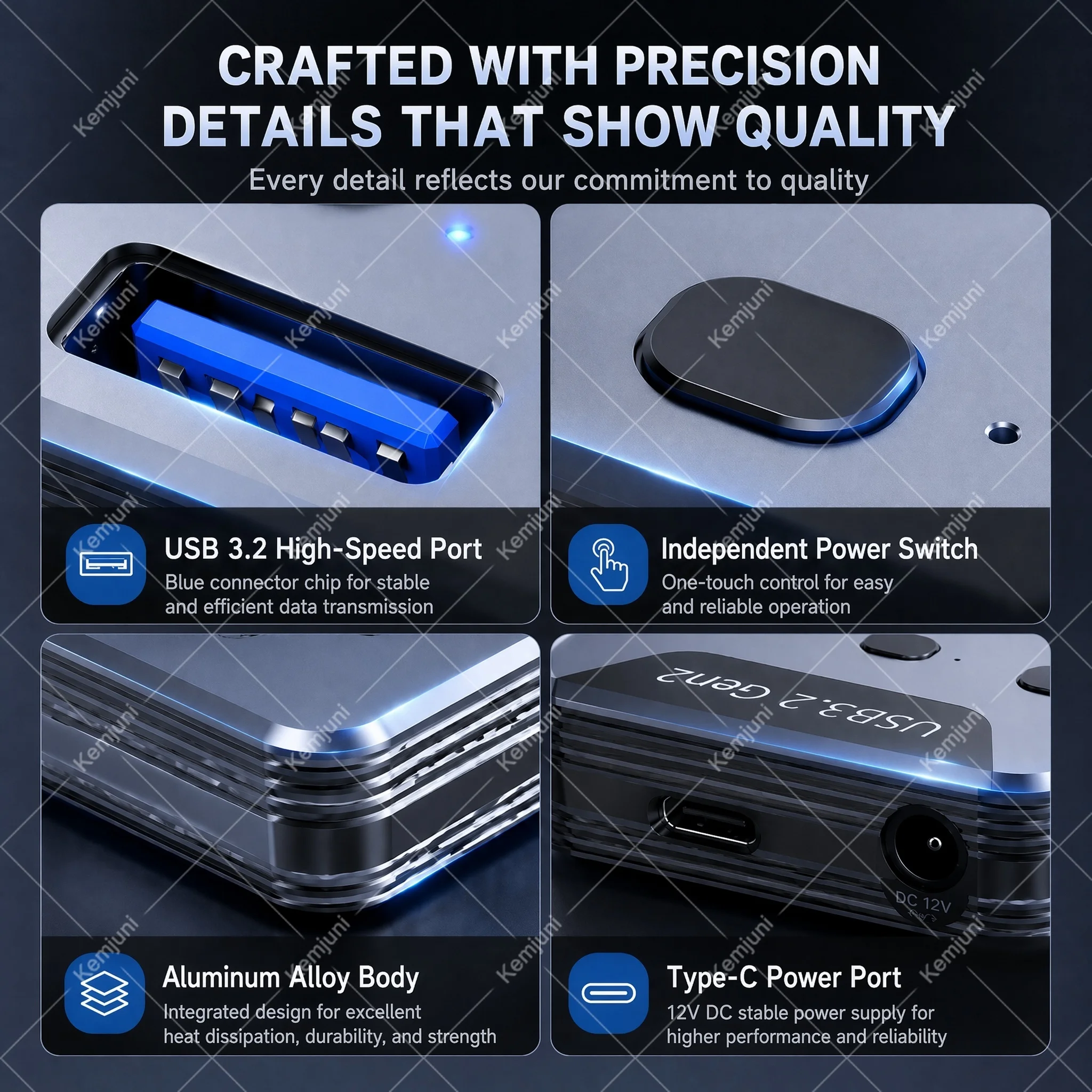 USB-хаб 10 Гбитс USB 3.2 Gen2, 7 портов, с питанием, алюминиевый корпус, с индивидуальными выключателями, USB-разветвитель для ноутбуков и мобильных жестких дисков (art.: 3920dbc741cec) - 3920dbc741cec