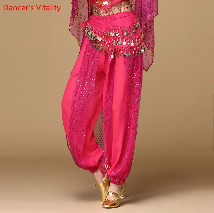 Pantalones de danza del vientre para mujer, pantalón Harem de actuación de escenario de India, espectáculo de práctica de baile de señora, pantalones de pierna ancha con lentejuelas