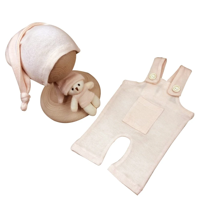 

Newborn Baby Photography Clothing Set Solid Color Overalls Romper with Long Tail Hat Bear Doll Photo Props Costume
