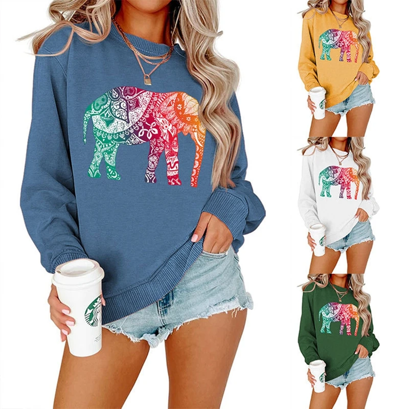 New cotton autumn winter elephant multicolor print simple retro casual pullover large-size women's sports hoodie