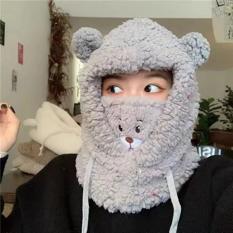 Теплая Зимняя Шапка Skullie С Мультяшными Медвежьими Ушками И Маской Унисекс