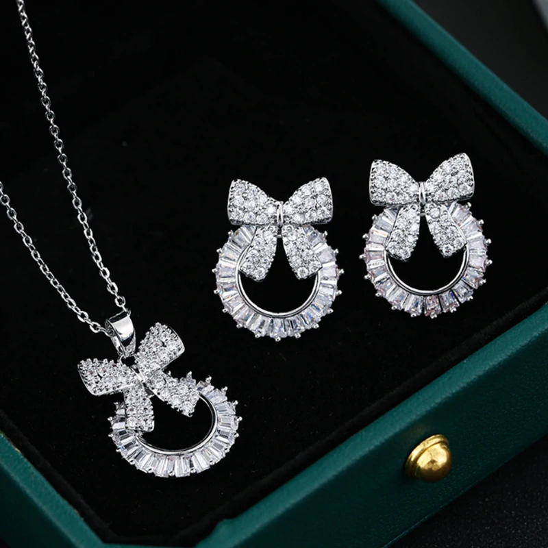 

Fashion Christmas Bow Lovely Women Jewelry High Quality Hot New Cubic Zirconia Necklace Earrings Two-piece Set Free Shipping