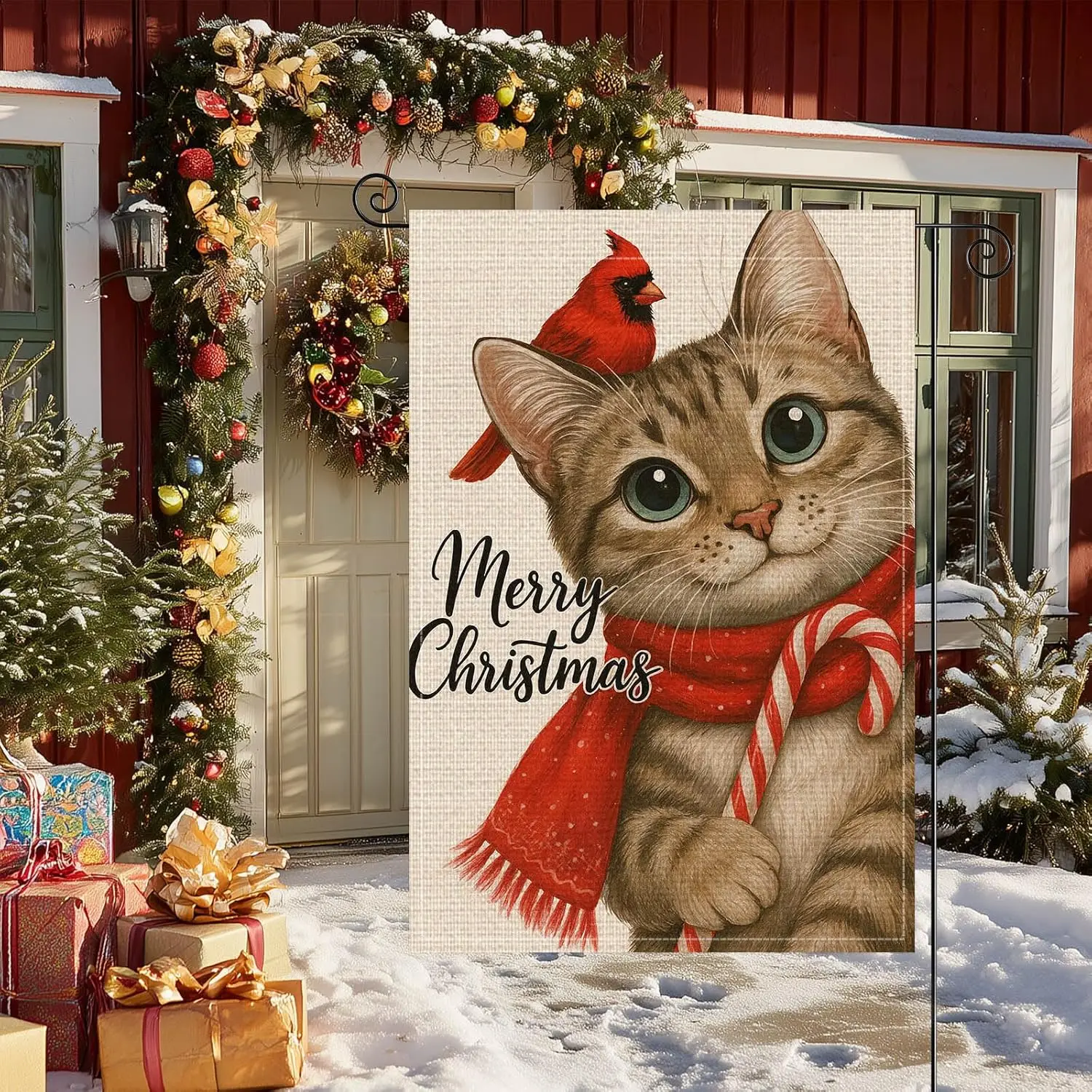 Фото Новогодний садовый флаг с кошкой, двусторонний, 12x18 дюймов, из мешковины, праздничный садовый флаг с кошкой табби, сезонный баннер для дома и улицы №4