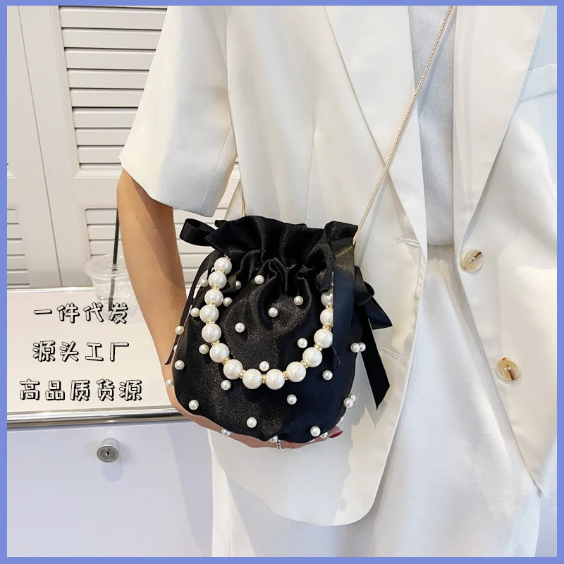 

Brand Shoulder Bags For Women High Quality Luxury Ladies Handbag Black Bead Pearl Imitation Silk Female Bucket Crossbody Bag