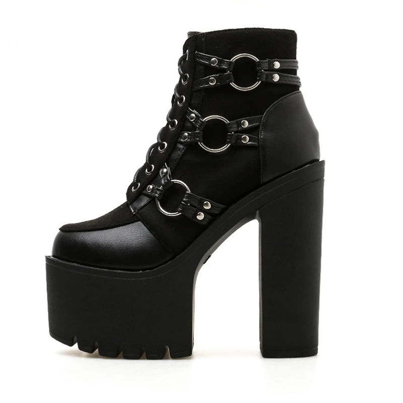 15CM Thick Platform Women's Boots Black Punk Cool High Heels Ankle Boots Lace-up Zipper Motorcycle Boots Winter Shoes Women 42