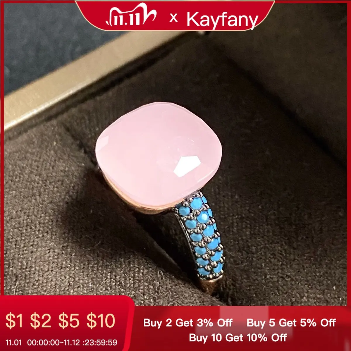 

Pomellato Pink Ring Inlay Turquoise Zircon With Black Gun Plated 12.6mm Flat Crystal Ring For Women Party Fashion Jewelry