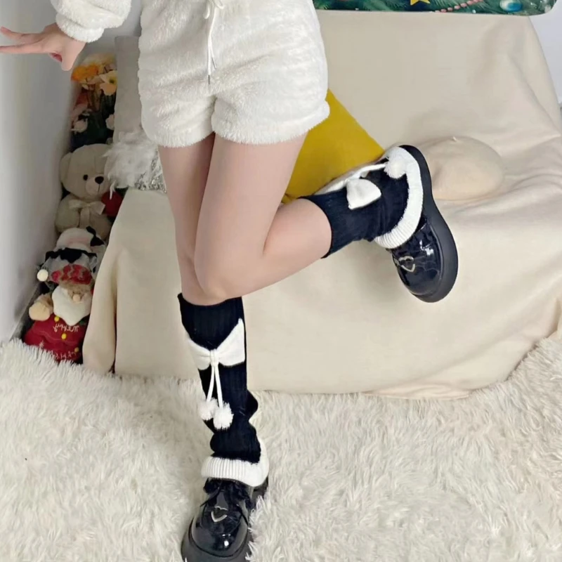 

Женские вязаные ребристые длинные носки с оборками на подоле для девочек Милые новогодние теплые чулки с помпоном и бантом для ног
